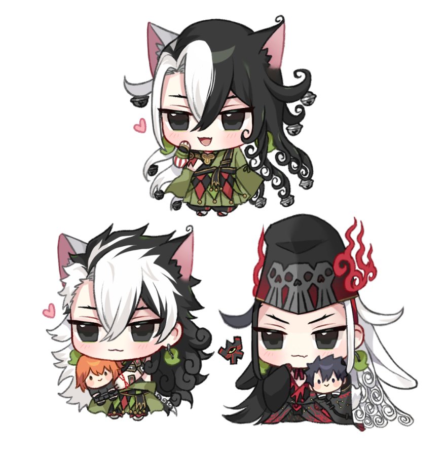 3boys ashiya_douman_(fate) ashiya_douman_(second_ascension)_(fate) ashiya_douman_(third_ascension)_(fate) asymmetrical_hair black_hair chibi clone curly_hair earrings fang fate/grand_order fate_(series) fujimaru_ritsuka_(female) fujimaru_ritsuka_(male) full_body hair_between_eyes heart jewelry long_hair looking_ahead magatama magatama_earrings male_focus merchandise multicolored_hair multiple_boys multiple_views seum_(kao_husband) skin_fang smile split-color_hair stuffed_toy two-tone_hair very_long_hair white_hair