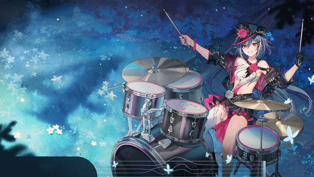 1girl animal black_headwear black_jacket black_nails black_skirt bug butterfly commentary_request cropped_jacket drum drum_set drumsticks flower fu_hua fu_hua_(herrscher_of_sentience) fu_hua_(turn_up_the_music)_(herrscher_of_sentience) gr_greeze grass grey_hair grin hair_between_eyes hair_ornament hairclip hat hat_flower holding honkai_(series) honkai_impact_3rd instrument jacket long_hair looking_at_viewer nail_polish open_clothes open_jacket peaked_cap pink_flower pink_rose pleated_skirt red_eyes rose single_thighhigh skirt smile solo thighhighs very_long_hair white_flower white_thighhighs