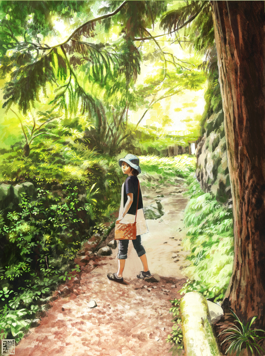 1girl fern forest hat log nature original path pebble plant scenery shadow solo sunlight tree yk_funa