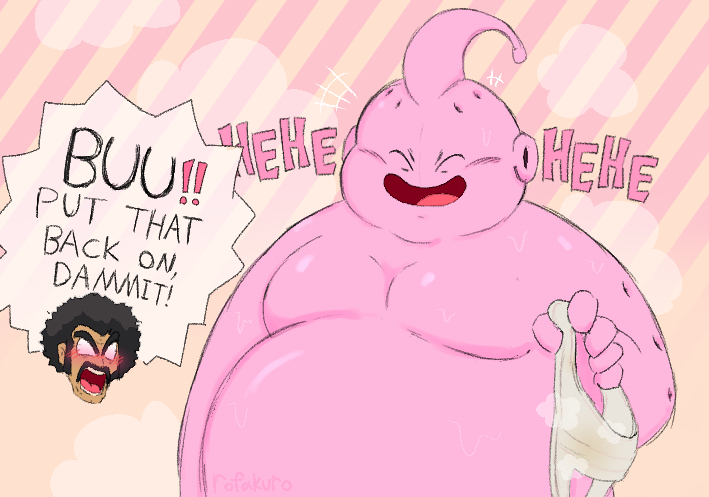 afro angry antennae_(anatomy) anthro blush bodily_fluids clothing dragon_ball dragon_ball_z duo embarrassed english_text eyebrows hercule_satan holding_clothing holding_object holding_underwear human implied_nudity laugh majin majin_buu male mammal mr._satan nippleless no_pupils overweight overweight_male pattern_background pink_body playful rofakuro shaded simple_background slightly_chubby smile striped_background sweat text thick_eyebrows underwear watermark