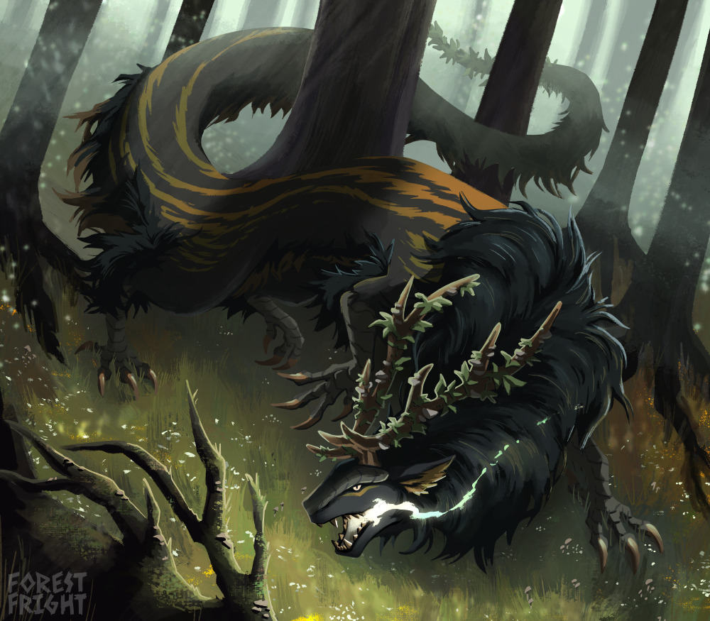 2023 all_fours ambiguous_gender antlers black_body black_fur claws dragon feet feral forest forest_background forestfright fur grass grove horn long_tail magic magic_user nature nature_background open_mouth plant sharp_claws sharp_teeth snout solo tail talons teeth toe_claws toes tree