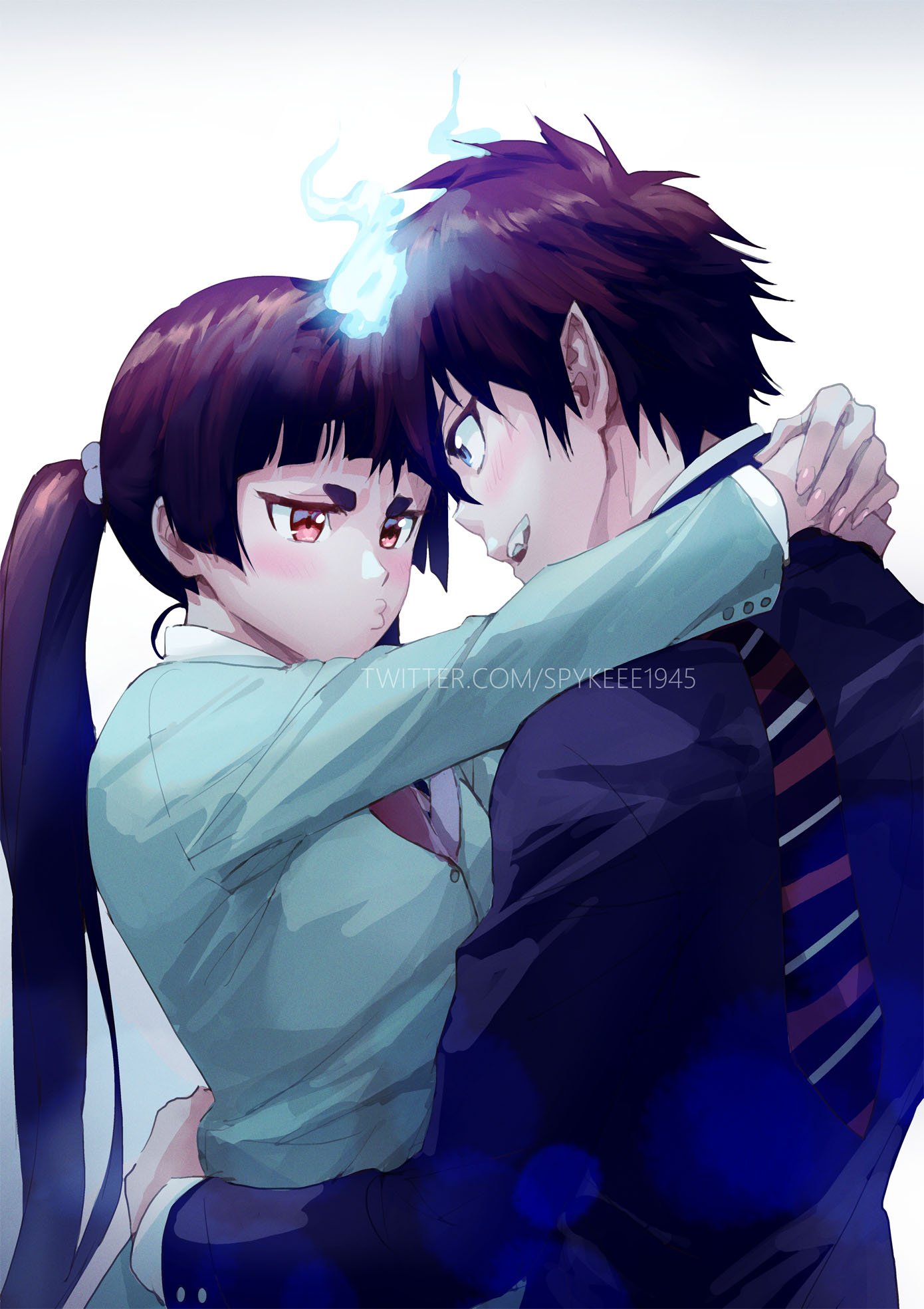 1boy 1girl ao_no_exorcist arms_around_neck arms_around_waist black_hair blue_eyes blue_fire blue_jacket blunt_bangs blush breasts brown_eyes collared_shirt couple demon_boy fangs fire furrowed_brow green_jacket hair_between_eyes hair_bobbles hair_ornament hetero highres jacket kamiki_izumo long_hair long_sleeves looking_at_another loose_necktie medium_breasts necktie okumura_rin open_mouth pointy_ears ponytail puckered_lips shirt short_eyebrows short_hair smile spykeee white_shirt