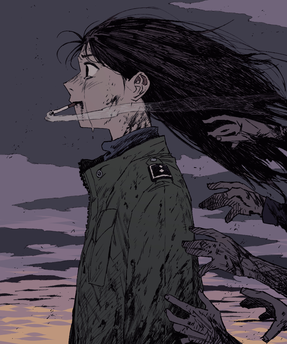 1girl arms_at_sides black_blood black_eyes black_hair blood blood_from_mouth blood_on_clothes blood_on_face blue_shirt cigarette cloud cloudy_sky crying crying_with_eyes_open floating_hair from_side furrowed_brow green_jacket grey_sky highres imminent_death jacket light_smile long_hair long_sleeves looking_ahead mouth_hold ongoo18 original profile reaching shirt sky smoke_trail smoking solo_focus sunset tears upper_body zombie