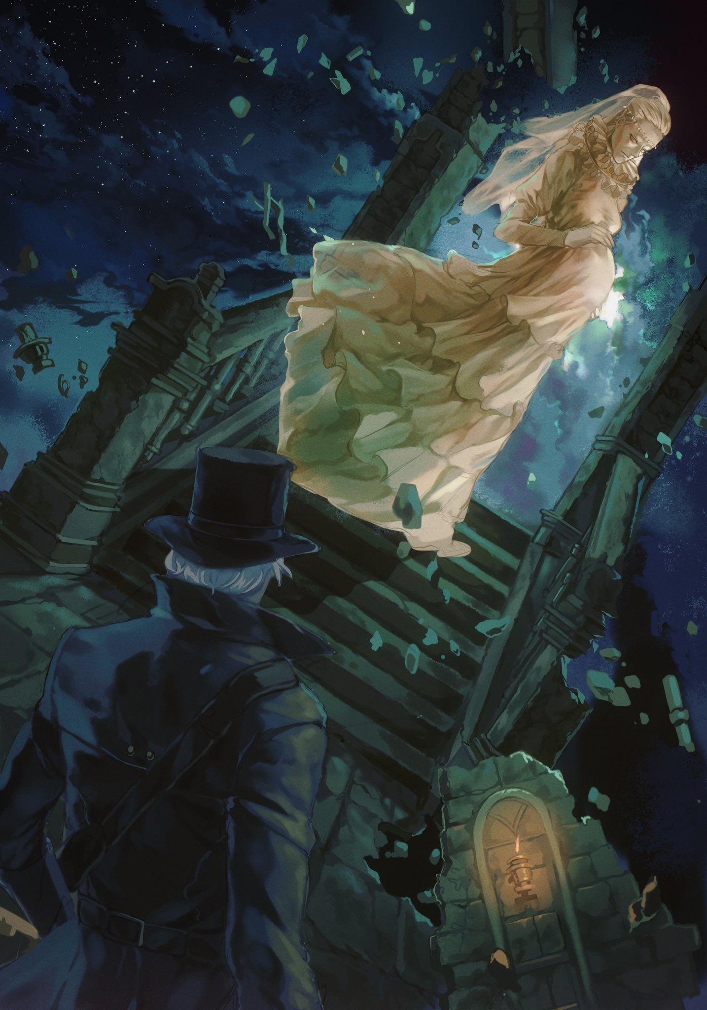 1boy 1girl black_headwear bloodborne brown_coat candle coat dress facing_another hat highres layered_dress long_sleeves looking_down outdoors pregnant ruins short_hair stairs standing top_hat white_hair yujia0412