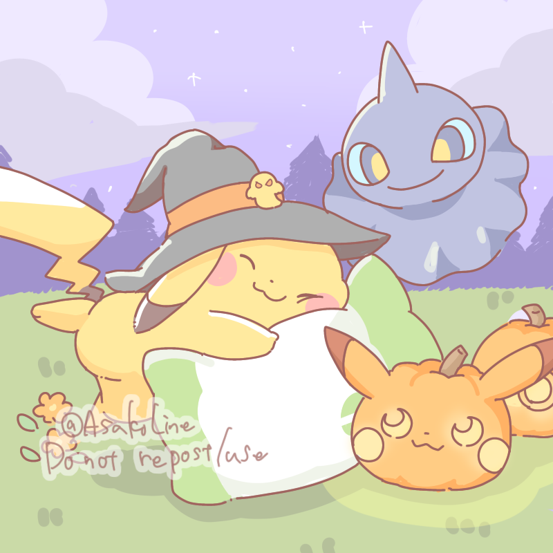 :3 animal_focus artist_name asakoline closed_eyes cloud colored_skin crescent floating ghost hat horizon jack-o'-lantern night night_sky on_grass pikachu pillow pokemon pokemon_(creature) purple_sky shuppet sky smile splatoon_(series) star_(sky) tail witch_hat yellow_eyes yellow_skin