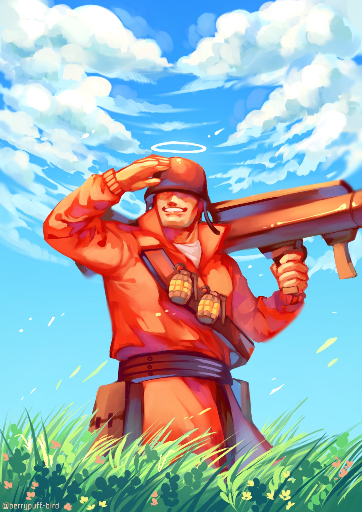 1boy arm_up berrypuff_bird blue_sky cloud covered_eyes day explosive facing_viewer grass grenade halo hat helmet highres male_focus outdoors shading_eyes sky smile soldier_(tf2) solo team_fortress_2