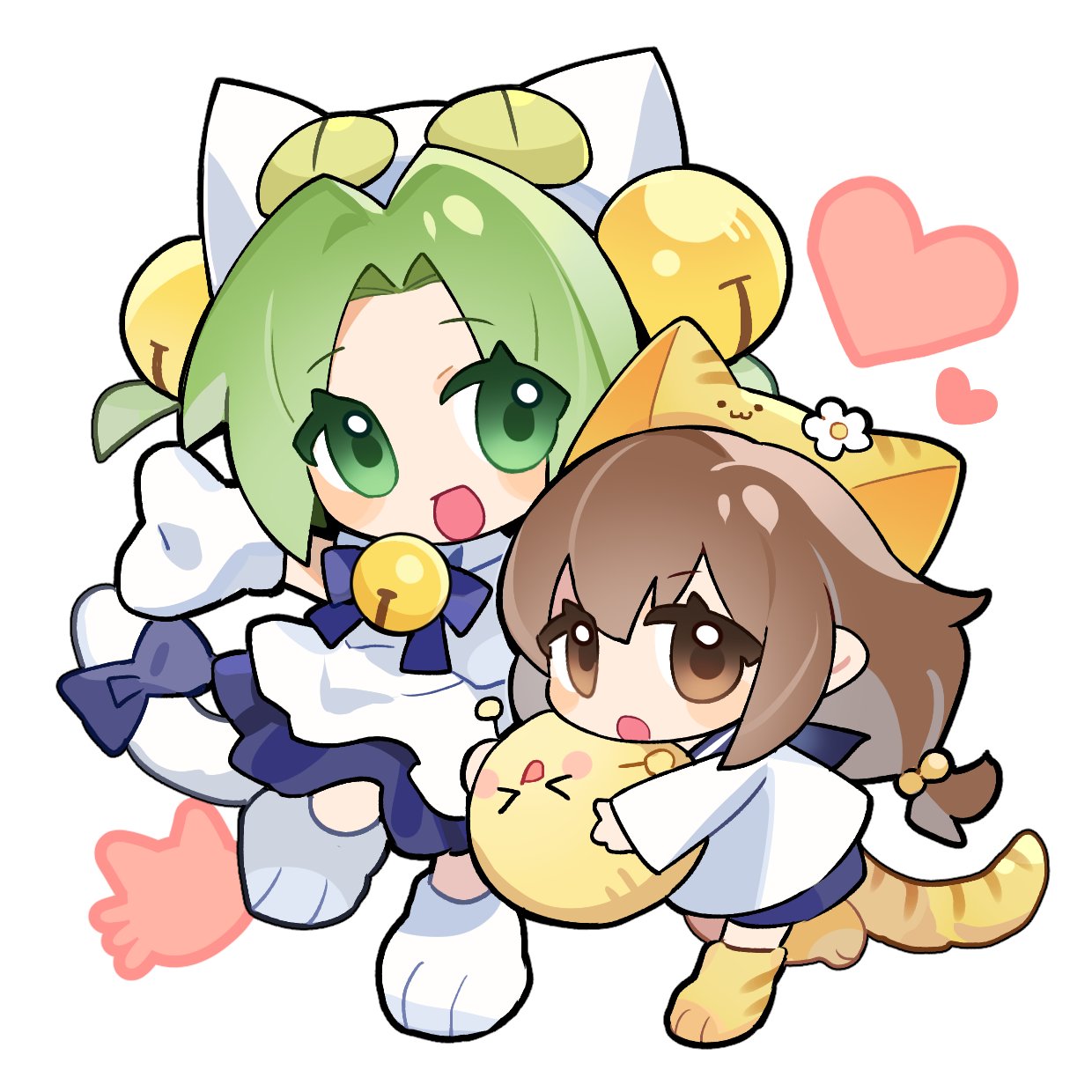 2girls :o animal_hat apron bell blue_bow blue_bowtie blue_dress blue_sailor_collar blush bow bowtie brown_eyes brown_hair cat_hat chibi commentary dejiko di_gi_charat dress flower gema green_eyes green_hair hair_bell hair_ornament hat hat_flower heart highres long_hair looking_at_viewer looking_to_the_side multiple_girls neck_bell niko_(nikooo2016) open_mouth paw_shoes puchiko ribbon sailor_collar shirt sidelocks simple_background sleeves_past_wrists tail tail_ornament tail_ribbon two_side_up white_background white_flower white_mittens white_shirt white_tail