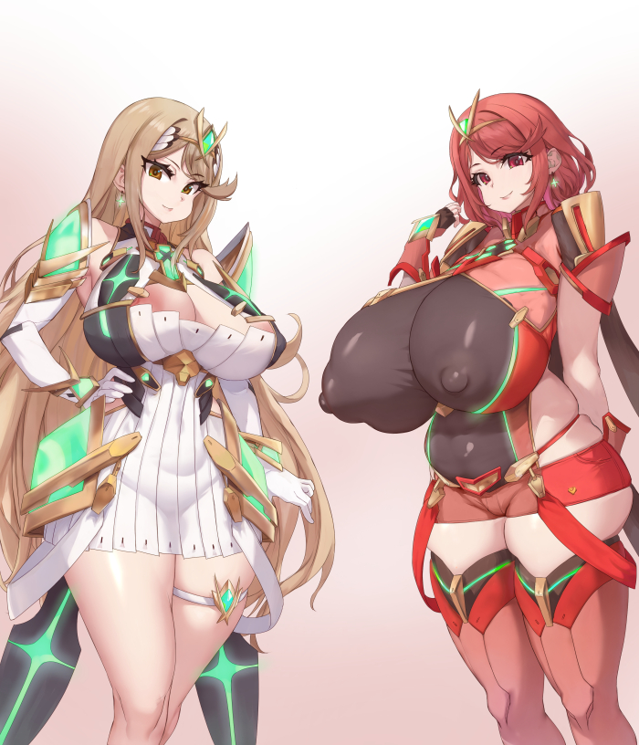 areola_slip blonde_hair bodysuit breasts chest_jewel cleavage_cutout clothing_cutout covered_nipples elbow_gloves female_pervert gem gloves headpiece huge_breasts long_hair looking_at_viewer multiple_girls mythra_(xenoblade) nipple_slip nipples pervert puffy_nipples pyra_(xenoblade) red_hair red_shorts saikura_noushu short_hair shorts skin_tight smile swept_bangs thick_thighs thighs tiara xenoblade_chronicles_(series) xenoblade_chronicles_2 yellow_eyes