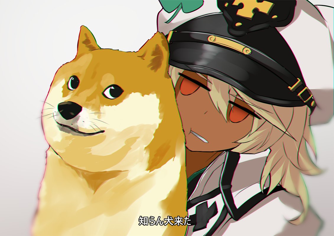 1girl blonde_hair clover dark-skinned_female dark_skin doge four-leaf_clover guilty_gear guilty_gear_strive hair_between_eyes long_hair looking_at_viewer orange_eyes ramlethal_valentine shiba_inu simple_background sowel_(sk3) twitter white_headwear