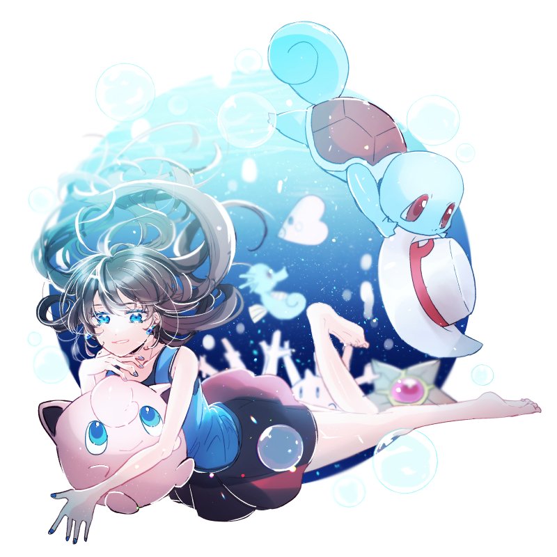 1girl air_bubble bangs bare_arms barefoot blue_eyes blue_shirt border brown_hair bubble commentary corsola earrings green_(pokemon) green_panties hat hat_removed headwear_removed horsea jewelry jigglypuff long_hair luvdisc marutoko45 nail_polish panties parted_lips pokemon pokemon_(creature) pokemon_adventures red_skirt shirt skirt sleeveless sleeveless_shirt squirtle staryu toes underwater underwear white_border