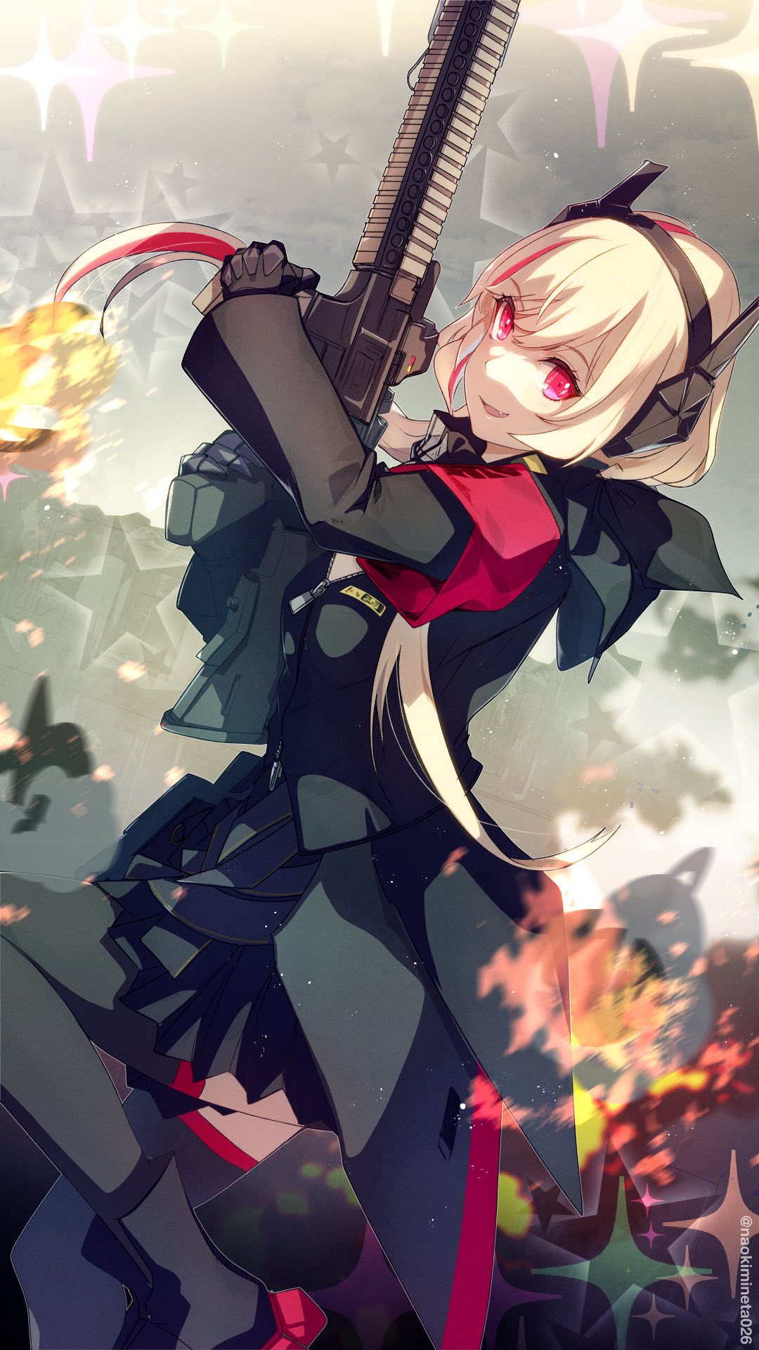 1girl assault_rifle black_jacket black_skirt blonde_hair commentary_request explosion fang from_side girls'_frontline gun headset highres holding holding_gun holding_weapon jacket long_hair long_sleeves m4_sopmod_ii m4_sopmod_ii_(girls'_frontline) mineta_naoki multicolored_hair open_mouth pleated_skirt red_armband red_eyes red_hair rifle skirt smile solo streaked_hair twitter_username two-tone_hair weapon