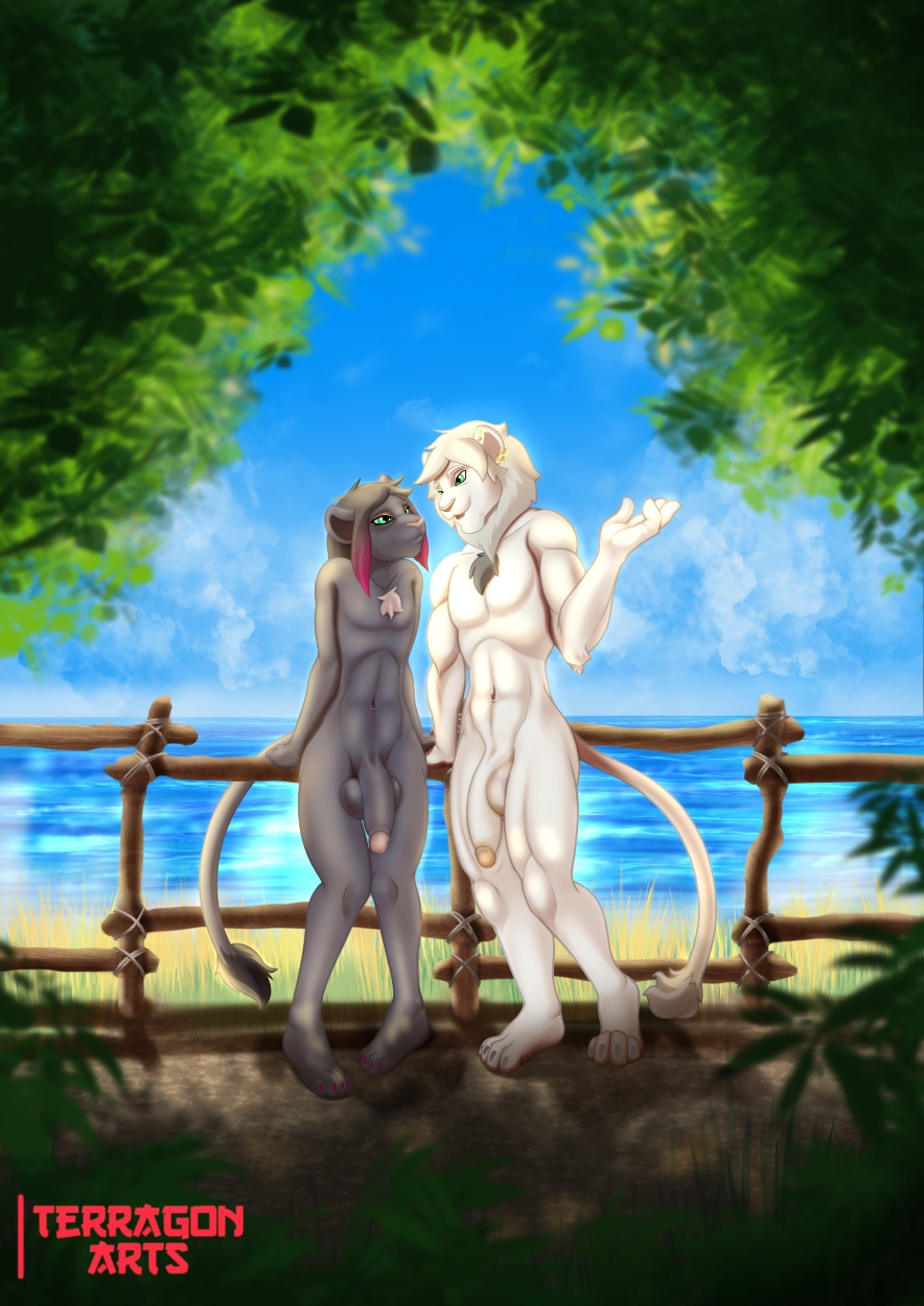 anthro big_penis bisexual brother_(lore) brothers_(lore) chiaro chiaro_(character) duo felid female genitals girly hi_res highlights_(coloring) huge_penis lion love male male/male mammal muscular pantherine penis scuro scuro_(character) seaside sibling_(lore) terragon twins_(lore)