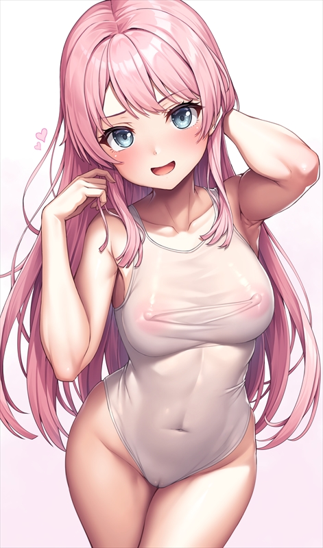 1girl bang_dream! bang_dream!_it's_mygo!!!!! bare_shoulders blue_eyes blush breasts cameltoe chihaya_anon collarbone covered_navel covered_nipples lambda_(kusowarota) large_breasts long_hair looking_at_viewer one-piece_swimsuit open_mouth pink_hair sidelocks smile solo swimsuit thighs white_one-piece_swimsuit