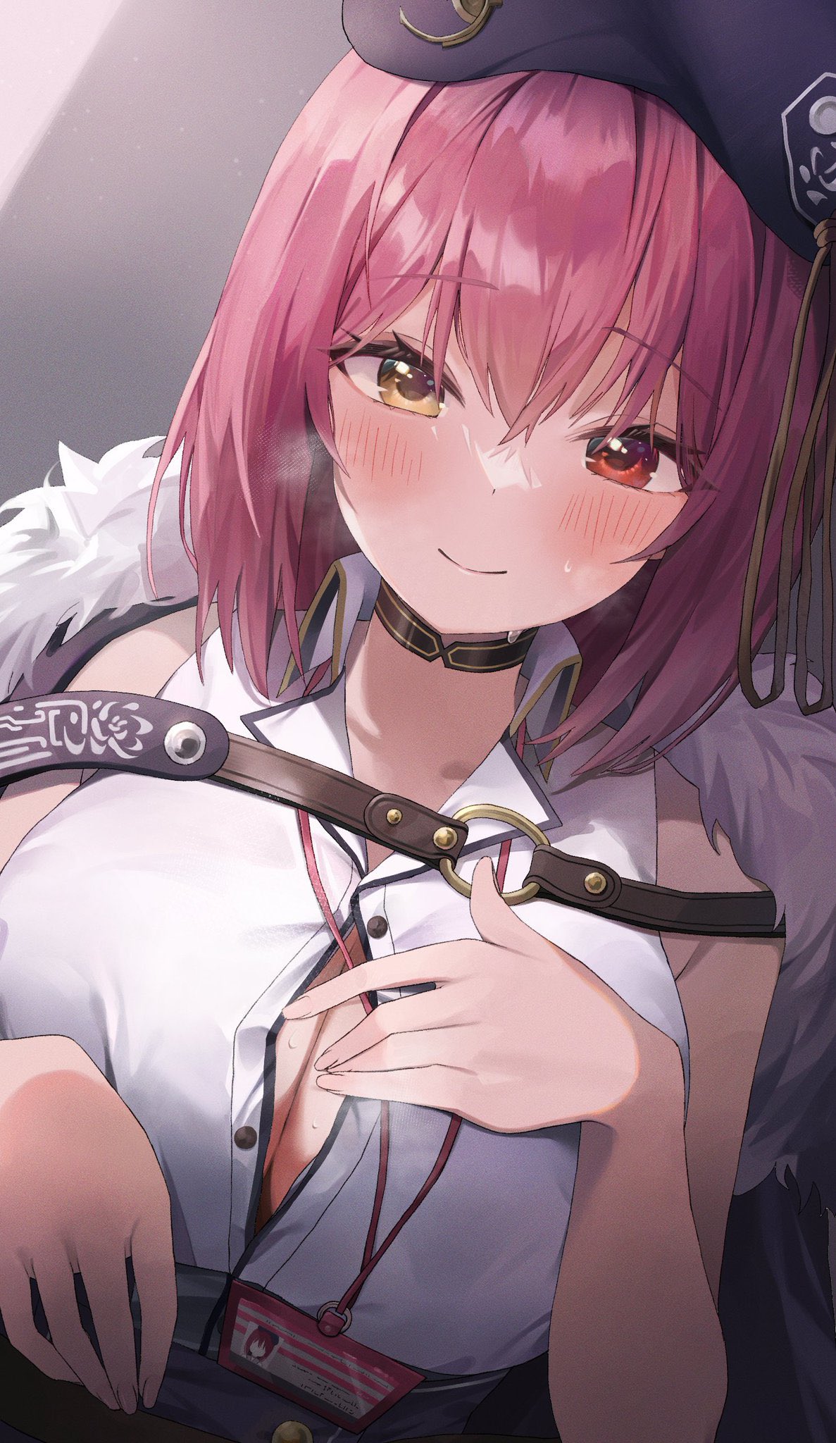 1girl beret black_choker blue_headwear blush bob_cut breasts button_gap choker cleavage closed_mouth coat coat_on_shoulders collared_shirt fur-trimmed_coat fur_trim hair_between_eyes hand_on_own_chest hat heterochromia highres hololive houshou_marine houshou_marine_(6th_costume) id_card lanyard large_breasts looking_at_viewer medium_hair nel_dcm nervous_smile official_alternate_costume official_alternate_hair_length official_alternate_hairstyle partially_unbuttoned red_eyes red_hair shirt sleeveless sleeveless_shirt smile solo underbust very_sweaty virtual_youtuber white_shirt yellow_eyes