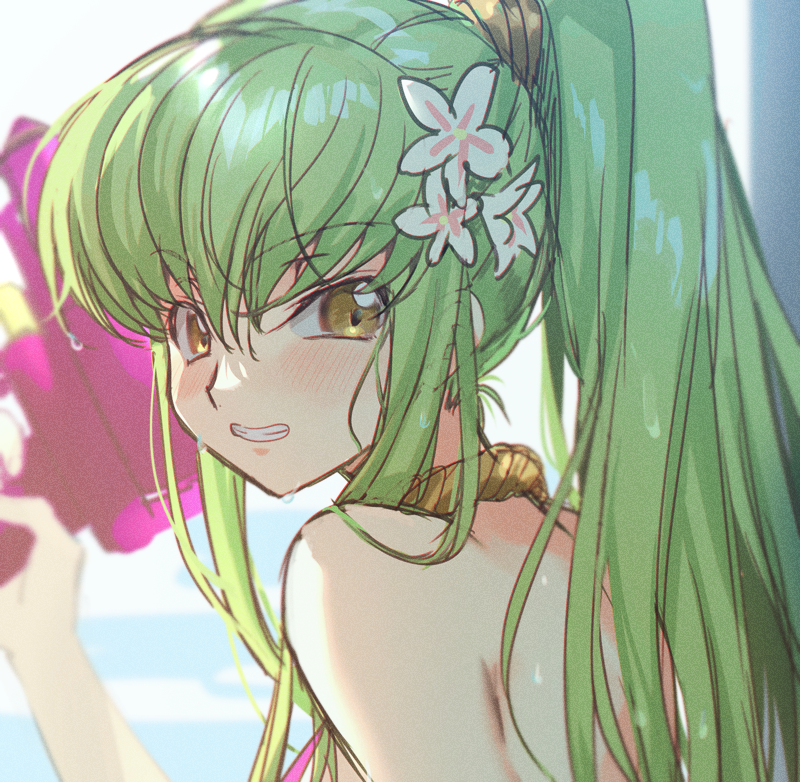 1girl bare_back bare_shoulders blush breasts brown_hairband c.c. cleavage clenched_teeth code_geass creayus flower green_hair gun hairband holding holding_gun holding_weapon long_bangs long_hair looking_at_viewer ponytail simple_background solo teeth water_drop weapon white_flower yellow_eyes