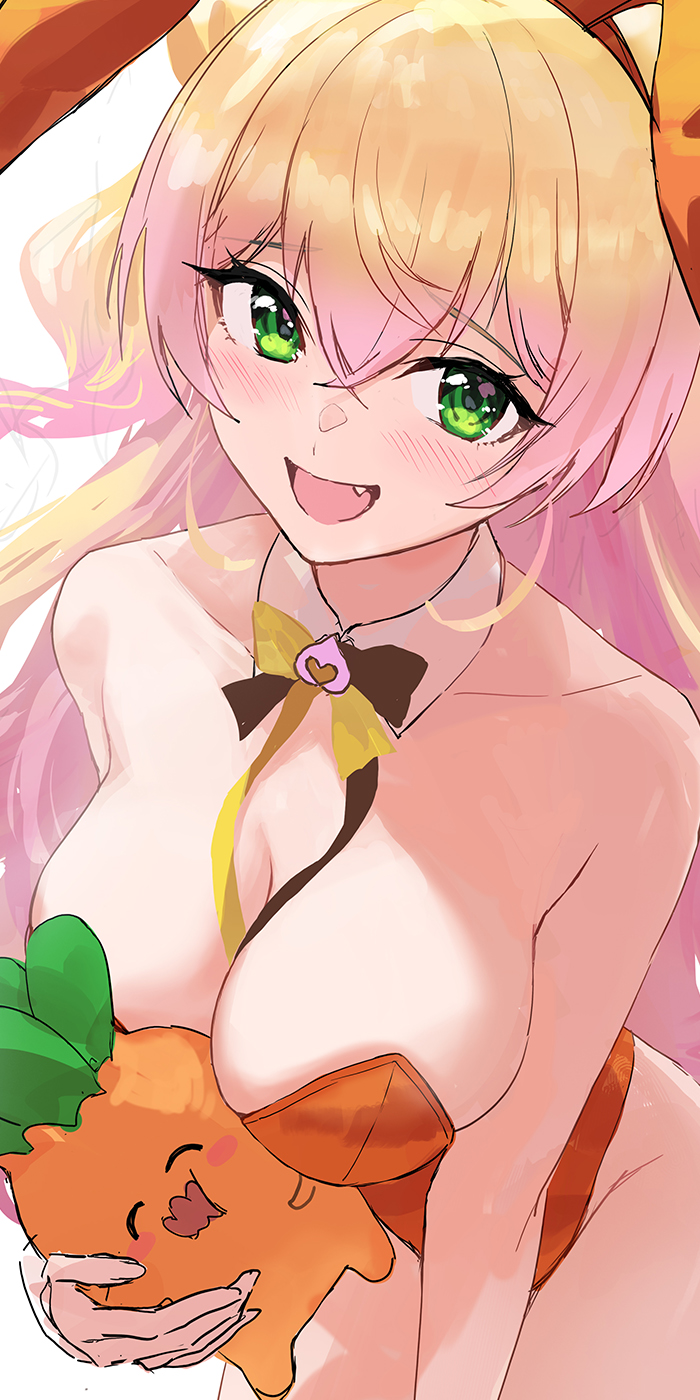 :d animal_ear_headwear animal_ears blonde_hair bow bowtie breasts cleavage cropped_arms cropped_legs detached_collar double-parted_bangs fake_animal_ears fang gradient_hair green_eyes guchico highres hololive large_breasts leotard long_hair looking_at_viewer momosuzu_nene multicolored_hair nekko_(momosuzu_nene) orange_leotard pink_hair playboy_bunny rabbit_ears sidelocks sketch smile two-tone_hair virtual_youtuber