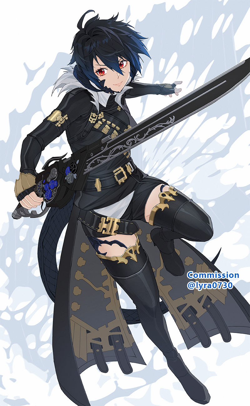 1girl au_ra avatar_(ff14) belt black_gloves black_hair black_thighhighs boots commission dragon_horns dragon_tail final_fantasy final_fantasy_xiv fingerless_gloves gloves gunblade gunbreaker_(final_fantasy) hair_between_eyes highres holding holding_weapon horns looking_at_viewer lyra-kotto red_eyes scales short_hair shorts smile solo tail thigh_boots thighhighs thighhighs_under_boots weapon