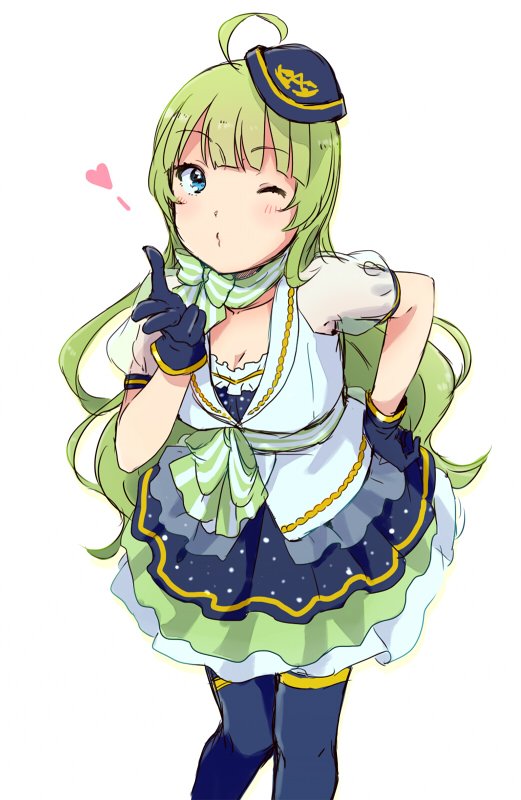 1girl ahoge aqua_eyes blowing_kiss blue_dress blue_gloves blue_headwear blue_thighhighs blunt_bangs bow bow_choker breasts choker cleavage collarbone commentary_request cowboy_shot dress eyelashes frilled_dress frilled_jacket frills gloves green_bow green_choker green_hair hand_on_own_hip hat heart idolmaster idolmaster_million_live! jacket large_breasts leaning_forward light_blush long_hair looking_at_viewer mini_hat o3o one_eye_closed puffy_short_sleeves puffy_sleeves ribbon-trimmed_jacket see-through see-through_sleeves shimabara_elena short_dress short_sleeves solo striped striped_bow striped_choker thighhighs two-tone_bow two-tone_choker waist_bow wavy_hair white_background white_bow white_choker white_jacket witoi_(roa)