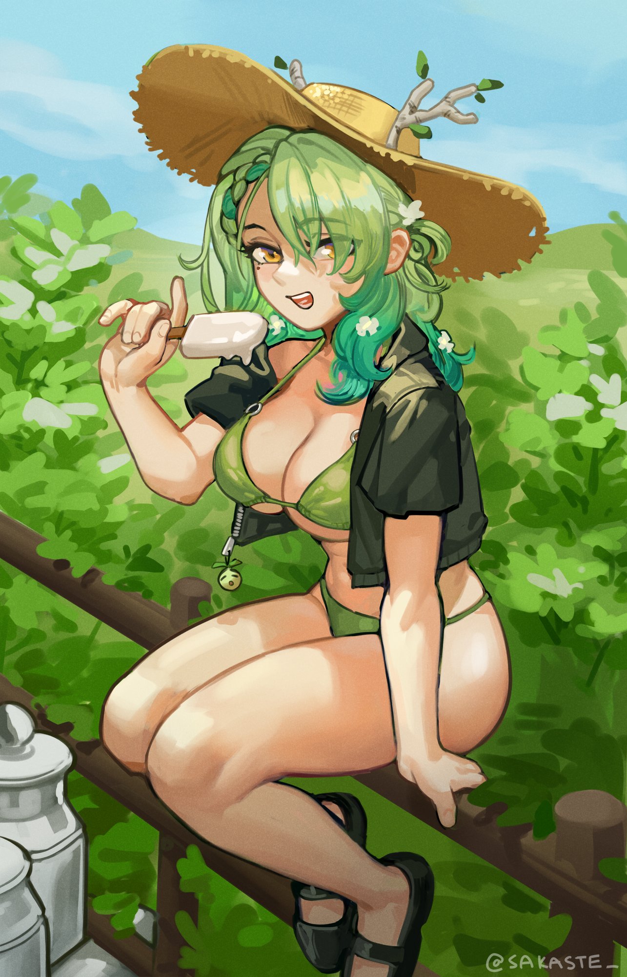 1girl antlers arm_support bikini black_footwear black_jacket blue_sky braid breasts bush ceres_fauna commentary cropped_jacket day english_commentary eyes_visible_through_hair fence flower food green_bikini green_hair hair_flower hair_ornament hair_over_one_eye hat highres holding holding_food hololive hololive_english horns horns_through_headwear jacket large_breasts leaf long_hair looking_at_viewer melting mole mole_under_eye mountainous_horizon on_fence open_clothes open_jacket open_mouth outdoors popsicle sakaste short_sleeves sitting sky solo straw_hat swimsuit twitter_username virtual_youtuber wooden_fence yellow_eyes