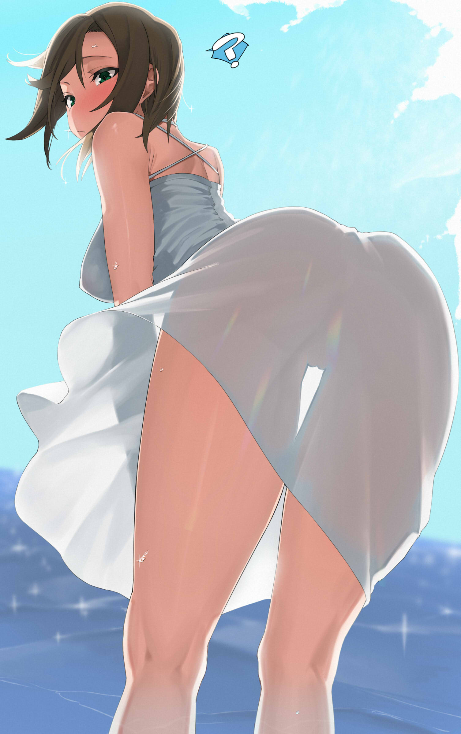 1girl ? absurdres alternate_costume apple_(ygbhjdbiulsg) ass bare_legs blush breasts brown_hair cameltoe covered_nipples dress feet_out_of_frame from_behind highres idolmaster idolmaster_cinderella_girls kneepits large_breasts leaning_forward looking_at_viewer looking_back outdoors see-through_silhouette sleeveless sleeveless_dress solo tada_riina white_dress