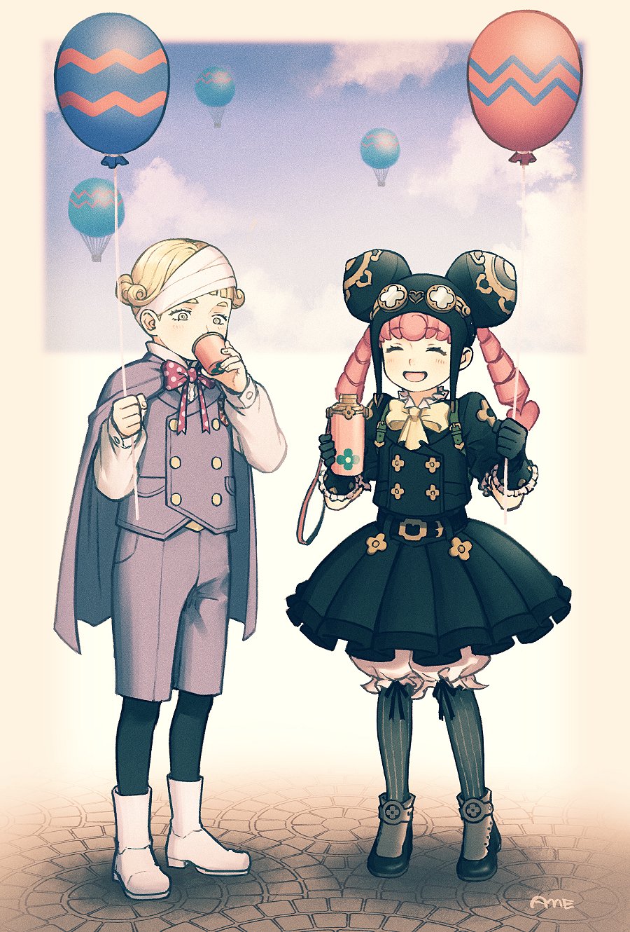 1boy 1girl ace_attorney aircraft amemomism balloon bandaged_head bandages black_headwear black_jacket black_pantyhose black_skirt blonde_hair blue_eyes blue_sky blunt_bangs boots bow cape closed_eyes cloud cup double_bun drill_hair drinking facing_viewer full_body goggles goggles_on_head grey_cape grey_pants grey_vest hair_bun hands_up highres holding holding_balloon holding_cup holding_thermos hot_air_balloon iris_wilson jacket long_hair long_sleeves open_mouth outdoors pants pantyhose pink_hair polka_dot polka_dot_bow red_bow shoes short_hair skirt sky smile standing the_great_ace_attorney the_great_ace_attorney_2:_resolve twintails vest white_footwear wilhelm_gottsreich_sigismond_ormstein yellow_bow