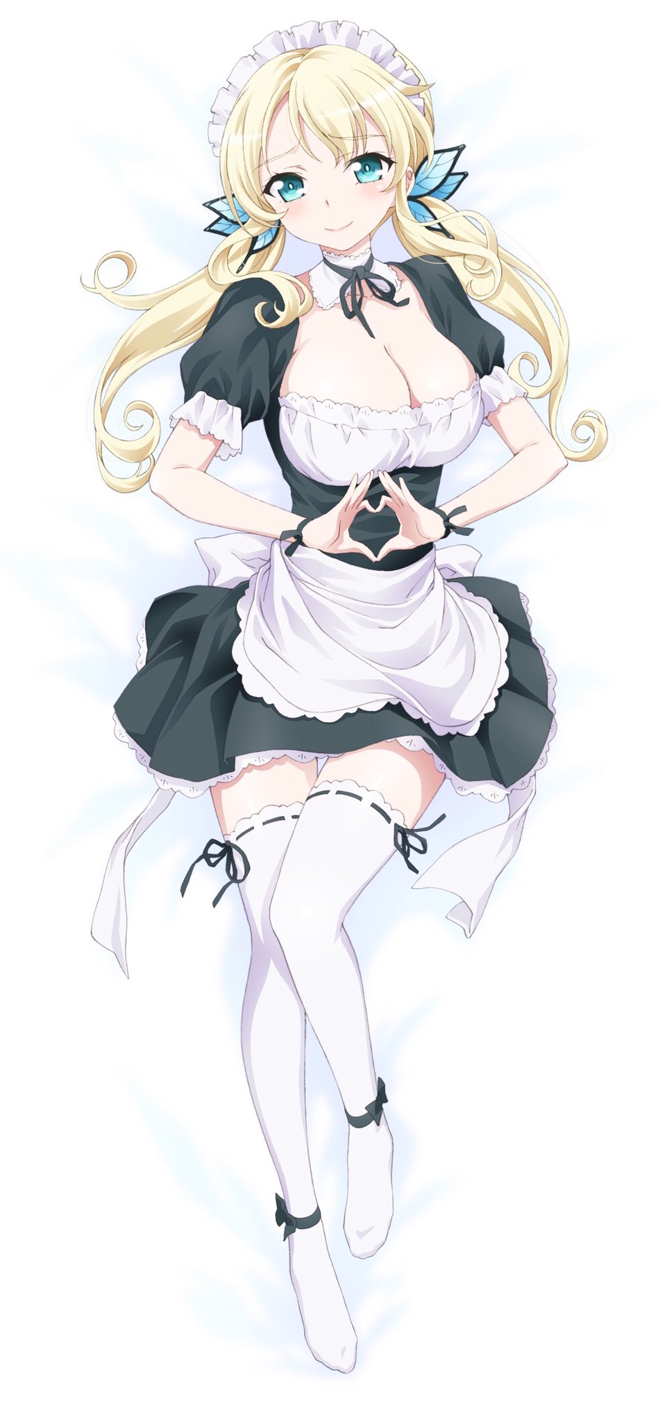 1girl apron black_dress blonde_hair blue_eyes blush boku_wa_tomodachi_ga_sukunai breasts butterfly_hair_ornament cleavage closed_mouth collar curly_hair dakimakura_(medium) detached_collar dress frilled_apron frilled_dress frills full_body hair_ornament heart heart_hands highres kashiwazaki_sena large_breasts looking_at_viewer lying maid maid_apron maid_headdress multicolored_clothes multicolored_dress official_art on_back own_hands_together solo thighhighs twintails waist_apron watanabe_yoshihiro white_apron white_collar white_dress white_thighhighs