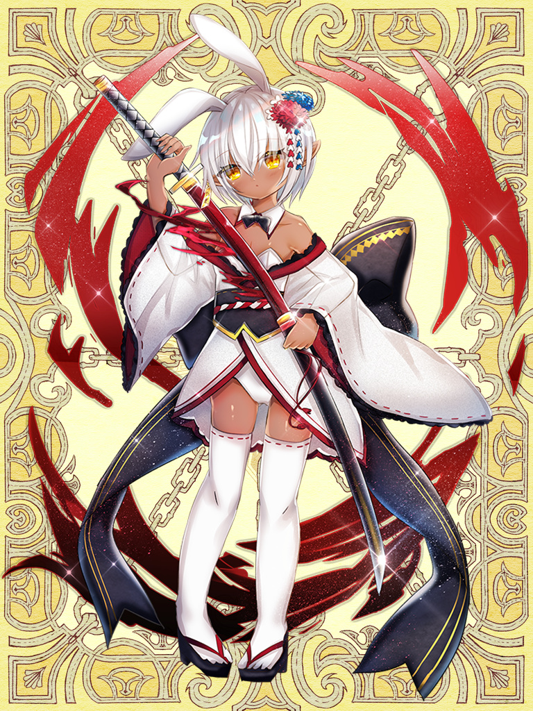 1girl animal_ears black_bow black_bowtie bow bowtie dark-skinned_female dark_skin detached_collar flat_chest full_body glint hair_ornament katana kerberos_blade kohaku_muro rabbit_ears sandals sheath short_hair solo standing sword thighhighs tonohara_juzo unsheathing weapon white_hair white_thighhighs wide_sleeves yellow_background yellow_eyes