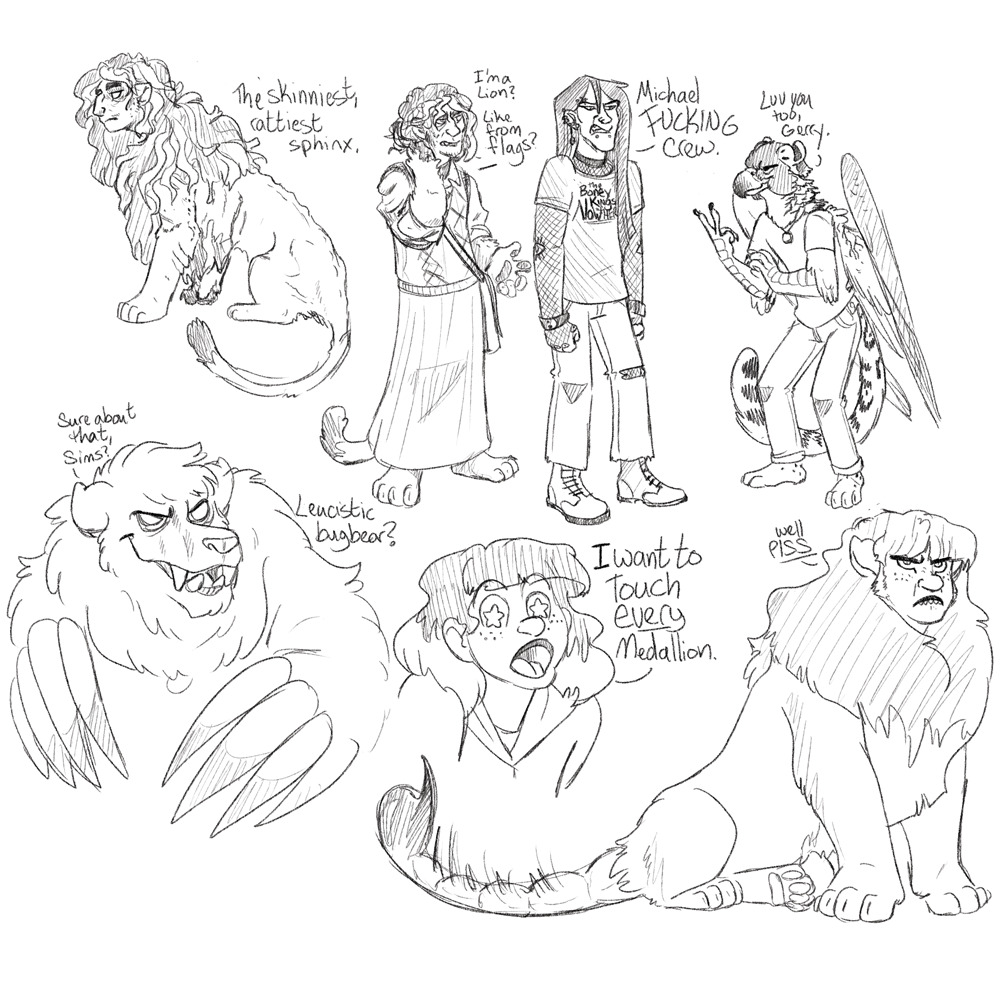 alternate_species anthro bottomwear bugbear clawed_fingers clothed clothing daisy_tonner dialogue english_text fangs feathered_wings feathers felid feral fully_clothed furrification gerard_keay group handpaw hindpaw iranian_mythology jonathan_sims kory_bing male mammal mane manticore melanie_king michael_crew middle_eastern_mythology mythological_sphinx mythology pawpads paws skirt speech_bubble stinger tail teeth text the_magnus_archives wings