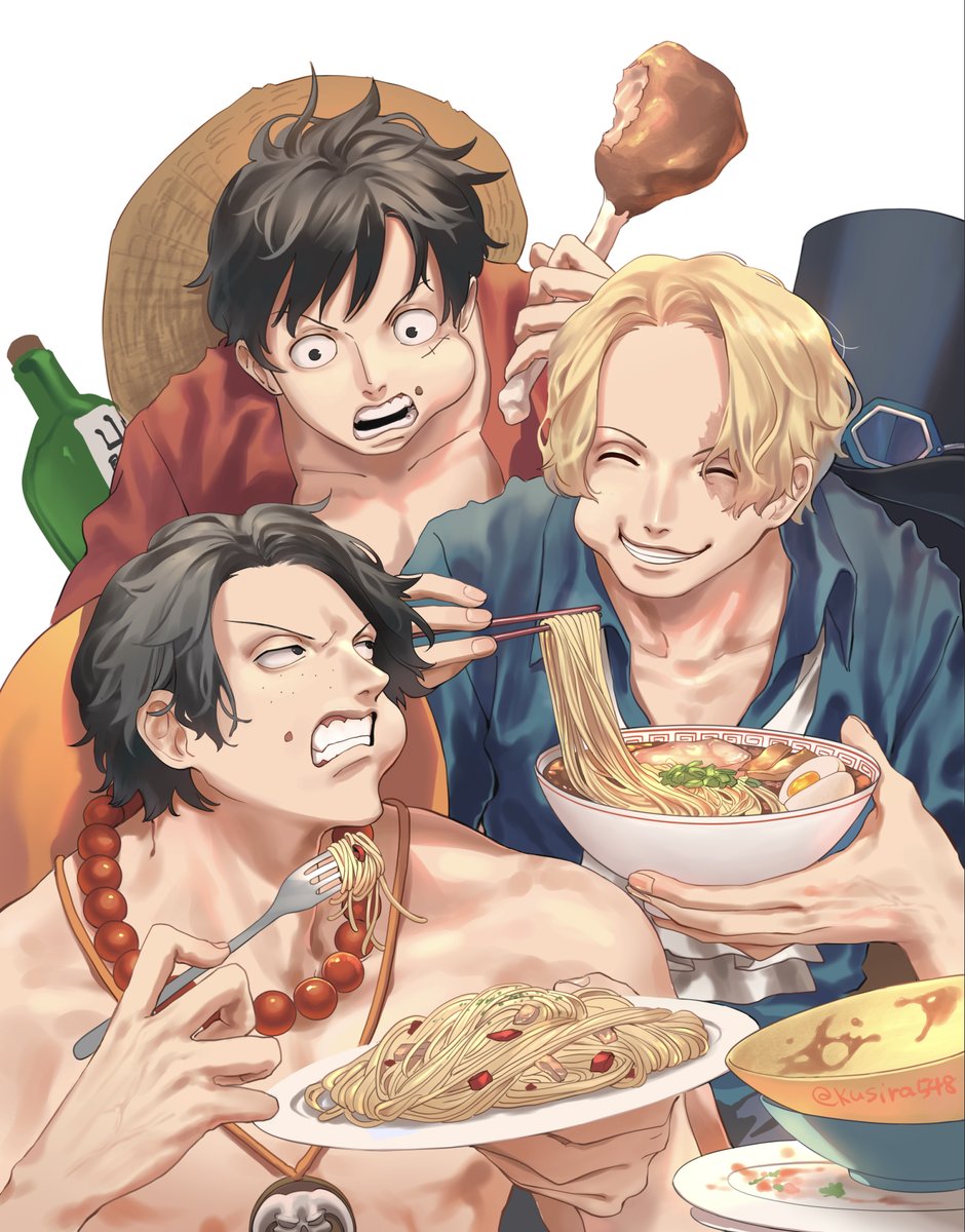 3boys ascot bead_necklace beads black_hair blonde_hair blue_shirt boned_meat bottle closed_eyes food fork goggles goggles_on_headwear hat highres holding holding_food holding_fork holding_plate jewelry kusira548 looking_at_another male_focus meat monkey_d._luffy multiple_boys necklace noodles one_piece open_mouth pasta plate portgas_d._ace ramen sabo_(one_piece) scar scar_on_face shirt short_hair smile spaghetti teeth top_hat topless_male twitter_username upper_body v-shaped_eyebrows white_ascot