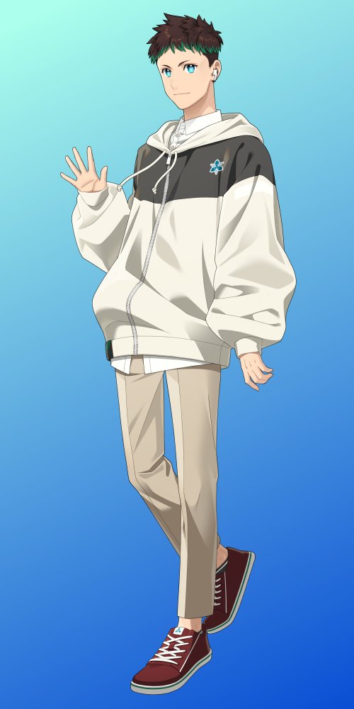 1boy black_hair black_hoodie blue_background blue_eyes brown_footwear buttons collared_shirt colored_tips commentary_request earbuds earphones full_body gradient_background green_hair grey_pants hood hoodie indie_virtual_youtuber kan'nabi_meguru looking_at_viewer male_focus multicolored_hair nagiru pants second-party_source shirt shoes smile solo standing two-tone_hoodie virtual_youtuber waving white_hoodie white_shirt wing_collar zipper