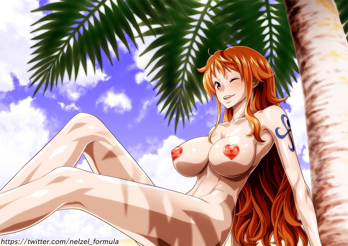 1girl arm_support arm_tattoo bare_shoulders beach blue_sky bracelet breasts cloud collarbone commentary covered_nipples day feet_out_of_frame heart_pasties jewelry knees_up large_breasts leaning_back legs long_hair looking_at_viewer nami_(one_piece) nel-zel_formula nude one_eye_closed one_piece open_mouth orange_eyes orange_hair outdoors palm_leaf palm_tree pasties photoshop_(medium) sand shiny_skin sitting sky smile solo stomach swimsuit symbol-only_commentary tattoo teeth thighs toned tree upper_teeth_only very_long_hair