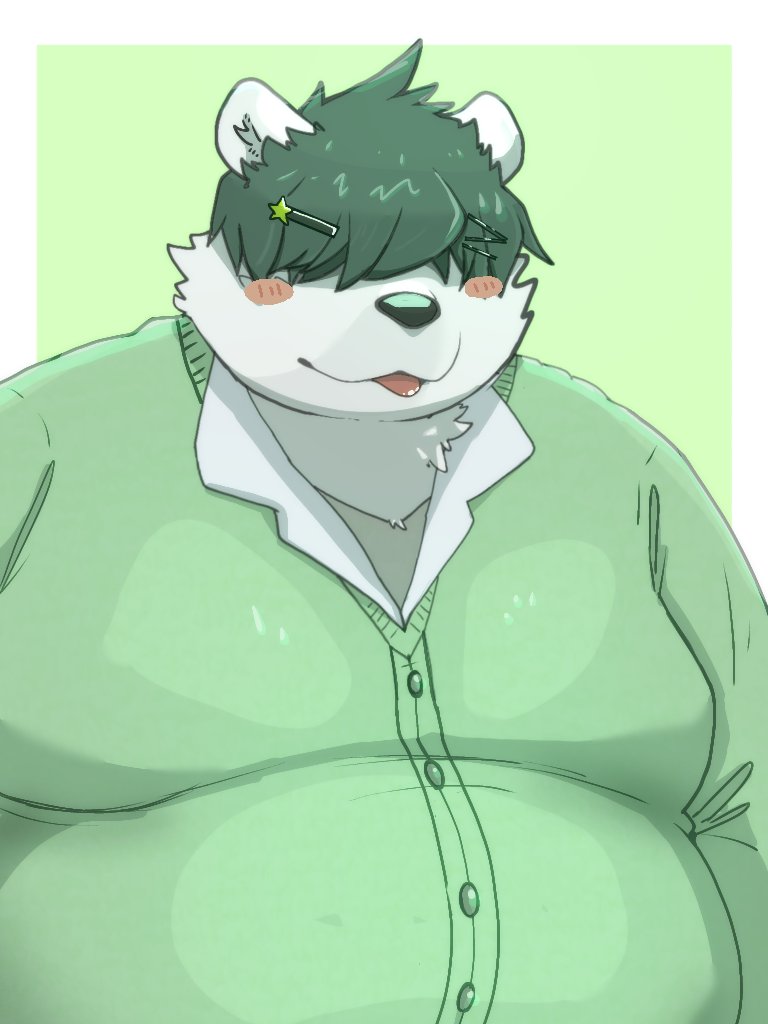 2023 anthro bear belly big_belly black_nose blush clothing hair hair_over_eyes kemono male mammal menmen_kesinn overweight overweight_male portrait shirt simple_background solo tongue tongue_out topwear