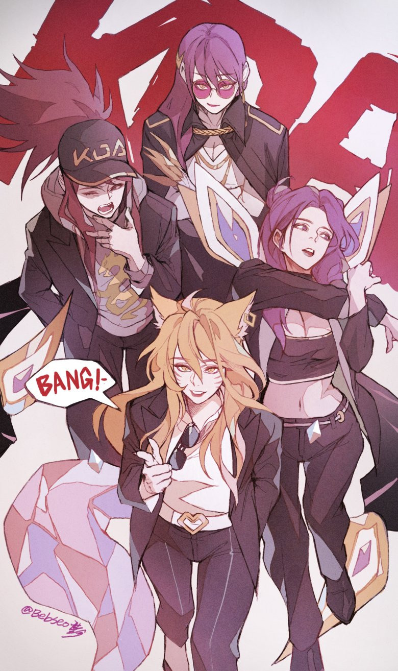 4girls ahri_(league_of_legends) akali artist_name baseball_cap bebseo black_headwear black_jacket black_pants blonde_hair breasts brown_hair cleavage crop_top crossed_arms detached_wings evelynn_(league_of_legends) facial_mark fox_tail grey_shirt hair_between_eyes hand_in_pocket hat highres jacket k/da_(league_of_legends) k/da_ahri k/da_akali k/da_evelynn k/da_kai'sa kai'sa league_of_legends long_hair looking_at_viewer looking_to_the_side midriff multiple_girls official_alternate_costume one_eye_closed pants parted_bangs pointing pointing_at_viewer purple-tinted_eyewear purple_eyes purple_hair shirt speech_bubble stretching sunglasses tail tinted_eyewear walking whisker_markings white_shirt wings yawning yellow_eyes