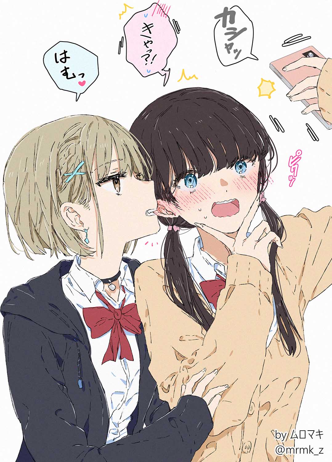 2girls biting black_hoodie blue_eyes blush bow bowtie brown_cardigan brown_eyes brown_hair cardigan collared_shirt commentary_request ear_biting earrings hair_ornament hairclip hand_on_another's_arm highres hood hoodie jewelry light_brown_hair long_hair long_sleeves multiple_girls muromaki one_eye_closed open_collar original red_bow red_bowtie school_uniform selfie shirt short_hair simple_background sleeves_past_wrists speech_bubble translation_request twintails upper_body v white_background white_shirt