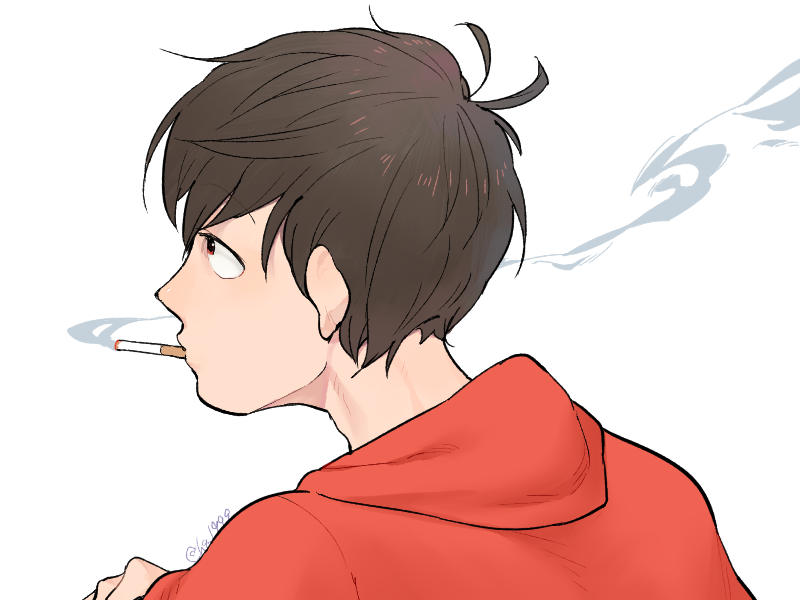 1boy artist_name black_hair cigarette hood hoodie looking_afar male_focus matsuno_osomatsu osomatsu-san red_eyes red_hoodie short_hair simple_background smoke smoking solo tamago_toji white_background