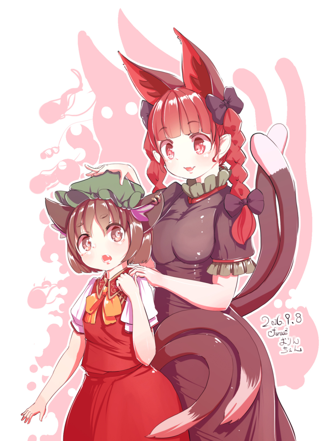 2girls animal_ears bow breasts brown_eyes brown_hair cat_ears cat_tail chen cowboy_shot dated dress earrings extra_ears fang flat_chest furim gold_trim green_headwear grey_dress hair_bow hand_on_another's_shoulder hand_up hat height_difference highres jewelry kaenbyou_rin looking_at_another medium_breasts mob_cap multiple_girls multiple_tails nekomata open_mouth petite pointy_ears red_eyes red_hair red_skirt red_vest shadow short_hair short_sleeves simple_background skirt skirt_set tail touhou two_tails vest white_background yuri