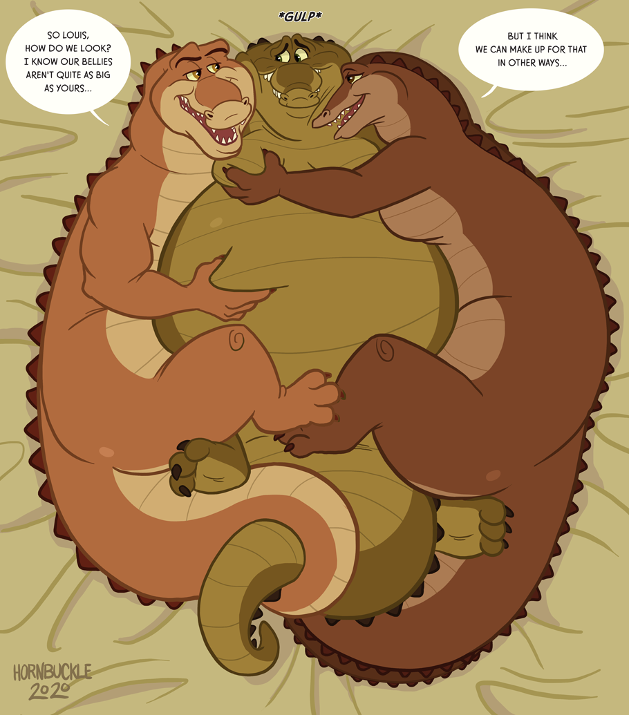 alligator alligatorid alternate_species bed belly_grab breasts brown_body brown_scales crocodilian cuddling disney english_text entwined_tails female feral furniture green_body green_scales group gulp_(sound_effect) hornbuckle looking_back louis_(tpatf) male male/female male/male moob_grab moobs non-mammal_breasts nude prince_naveen princess_tiana reptile scales scalie sharp_teeth side_boob speech_bubble tail tail_coil teeth text the_princess_and_the_frog throuple trio