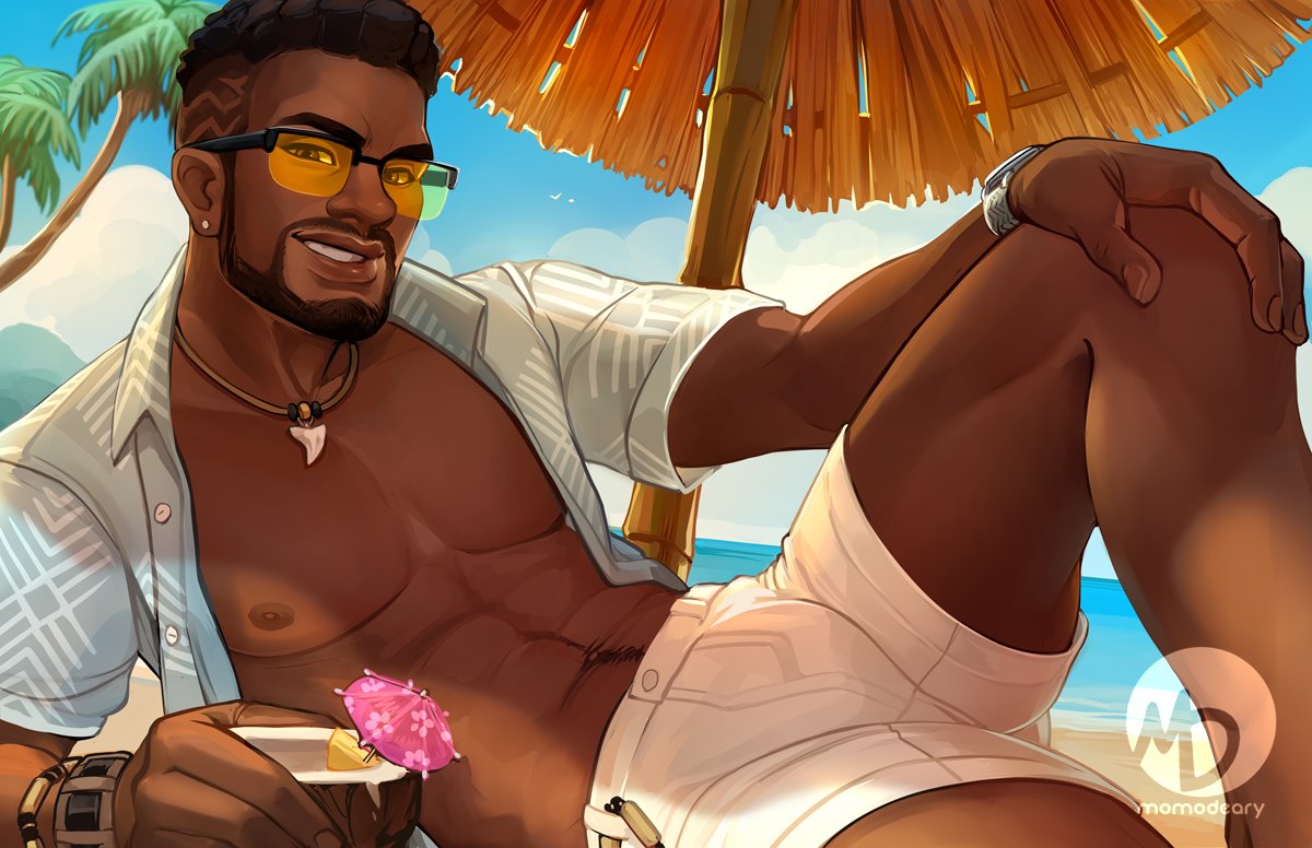 1boy abs ass_visible_through_thighs baptiste_(overwatch) bara beach beard blue_sky bulge coconut dark-skinned_male dark_skin facial_hair feet_out_of_frame holding jewelry large_pectorals looking_at_viewer lying male_focus mature_male momo-deary muscular muscular_male navel navel_hair necklace nipples ocean on_side open_clothes open_shirt overwatch overwatch_2 pectorals sand short_hair shorts sky smile solo sunglasses thick_lips tooth_necklace white_shorts