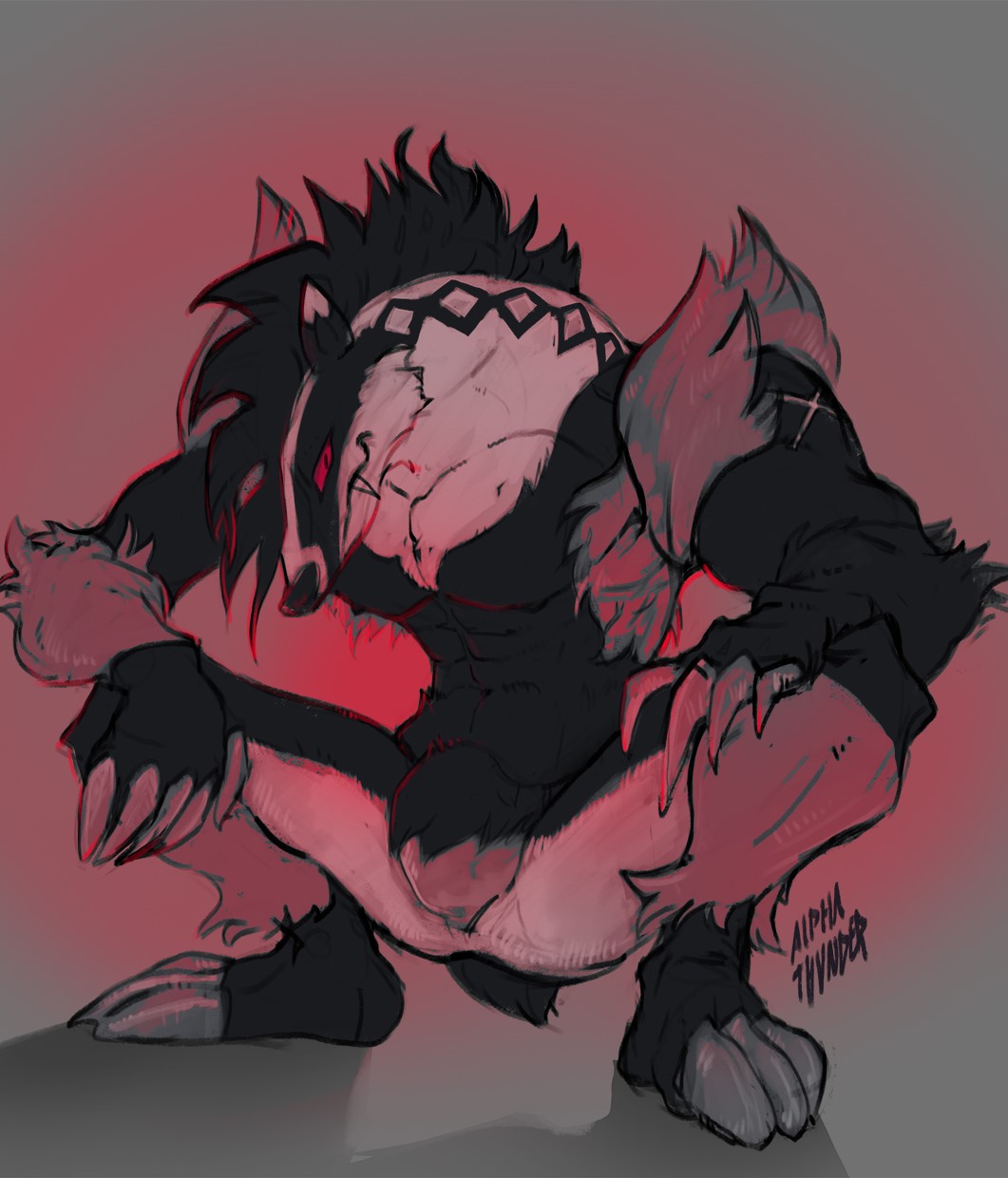 abs alpha-thunder anthro athletic athletic_anthro claws crouching fur generation_8_pokemon hi_res looking_at_viewer male markings multicolored_body multicolored_fur nintendo obstagoon pecs pokemon pokemon_(species) pose red_eyes simple_background slav_squat solo two_tone_body two_tone_fur