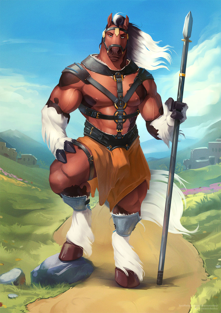 anthro equid equine hi_res hooves horse male mammal melee_weapon muscular muscular_anthro muscular_male nipples pecs polearm satanic_monkey solo spear vein veiny_muscles weapon