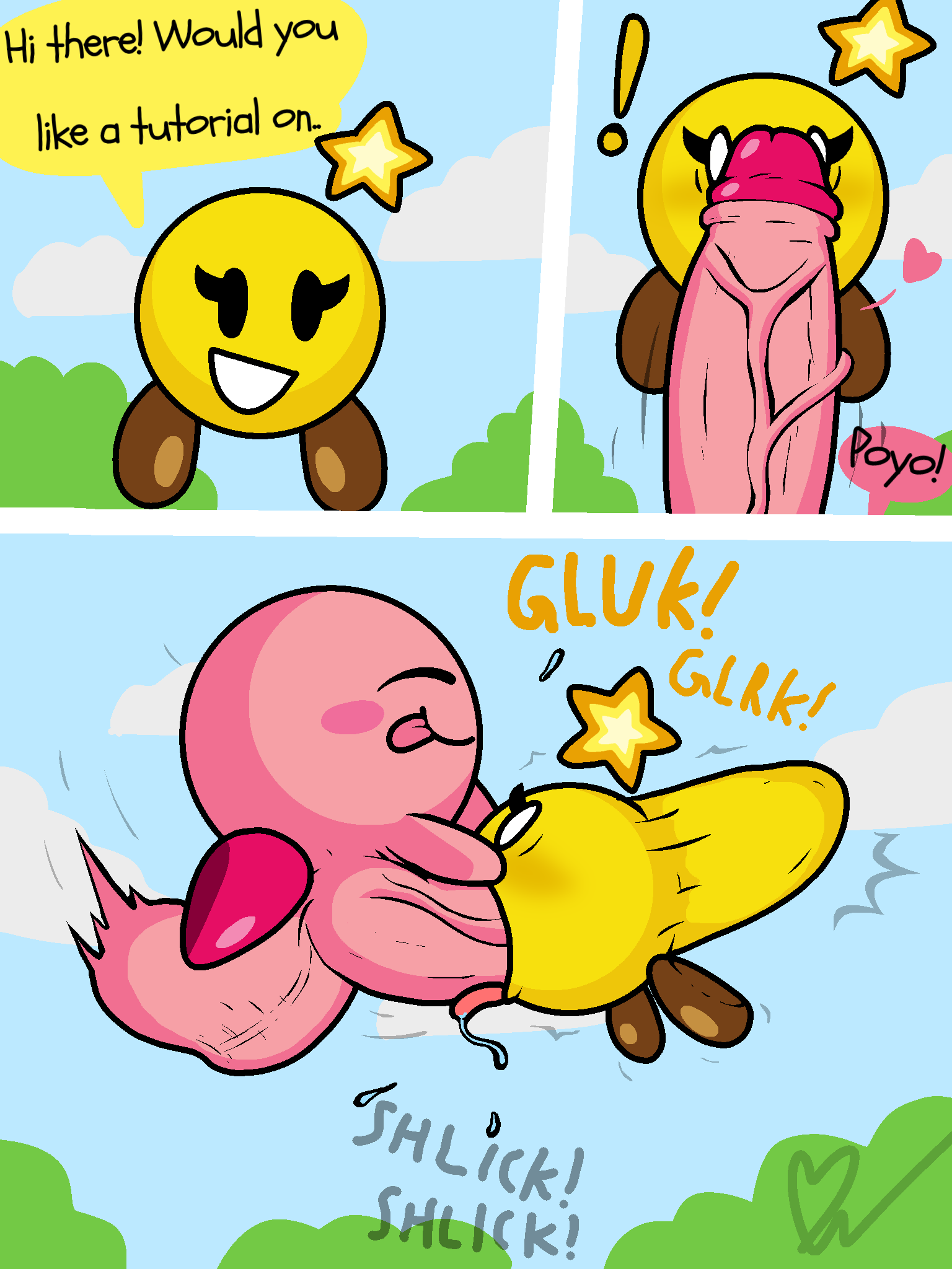 &lt;3 ambiguous_gender balls big_balls big_penis blush blush_stickers dialogue duo exclamation_point eyelashes eyes_closed fairy floating foreskin genitals hi_res kirby kirby_(series) male male/ambiguous mario_and_luigi_(series) mario_bros motion_lines nintendo onithehyperfairy oral oral_penetration outside penetration penis pink_body smile speech_bubble starlow tongue tongue_out vein veiny_penis waddling_head yellow_body