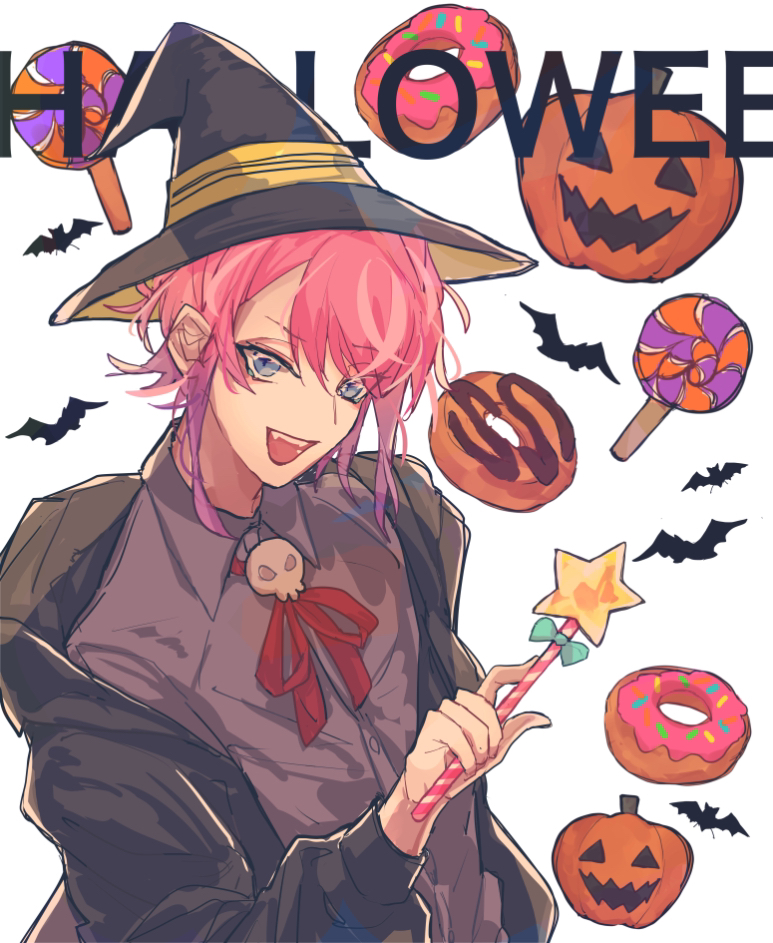 0721786 1boy :d alternate_costume amemura_ramuda blue_eyes candy commentary doughnut food halloween hat holding holding_wand hypnosis_mic jack-o'-lantern lollipop long_sleeves neck_ribbon pink_hair red_ribbon ribbon short_hair sidelocks skull smile symbol-only_commentary wand white_background witch_hat