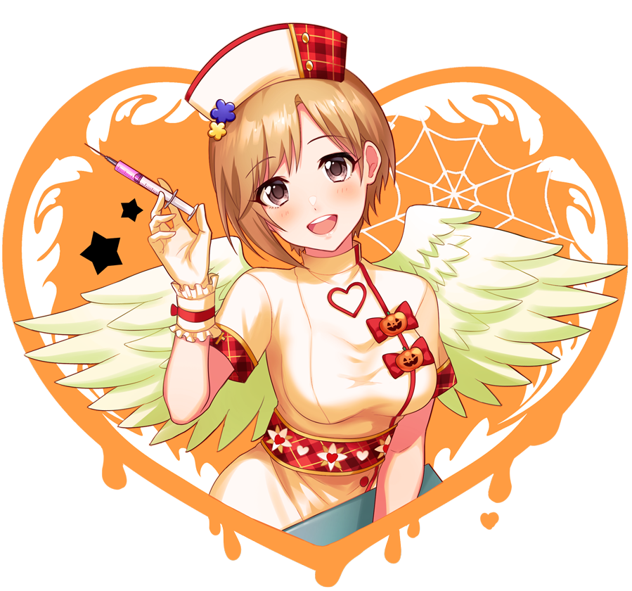 1girl :d aiba_yumi blonde_hair blush bow breasts brown_eyes clipboard dot_nose dress dress_bow fake_wings flower gloves hair_flower hair_ornament halloween hand_up hat heart holding holding_clipboard holding_syringe idolmaster idolmaster_cinderella_girls idolmaster_cinderella_girls_starlight_stage jack-o'-lantern looking_at_viewer medium_breasts migaku1783 nurse nurse_cap open_mouth orange_background plaid plaid_bow plaid_headwear plaid_sleeves red_bow red_ribbon ribbon scrunchie short_hair short_sleeves silk smile solo spider_web star_(symbol) syringe teeth two-tone_headwear upper_teeth_only white_dress white_gloves white_scrunchie wings wrist_scrunchie