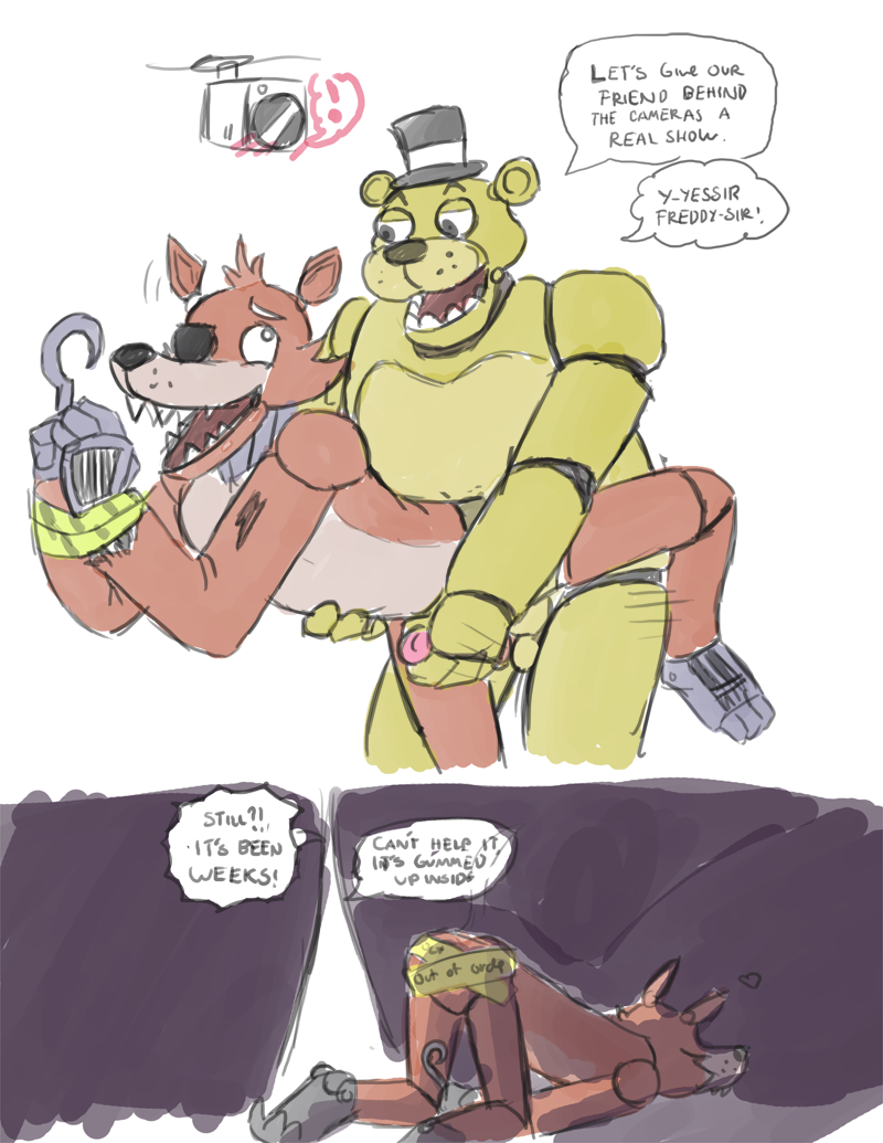 2014 animatronic anthro anthro_on_anthro anthro_penetrated anthro_penetrating anthro_penetrating_anthro ass_up balls bear canid canine clothing digital_media_(artwork) duo eye_patch eyebrows eyewear five_nights_at_freddy's fox foxy_(fnaf) fur genitals glans golden_freddy_(fnaf) handjob_while_penetrating hat hat_only headgear headgear_only headwear headwear_only hickeybickeyboo hook_hand interspecies machine male male/male male_penetrated male_penetrating male_penetrating_male mammal mostly_nude open_mouth open_smile penetration penis red_body red_fur robot scottgames sex sketch smile talking_to_another talking_to_partner teeth tongue top_hat yellow_body yellow_fur