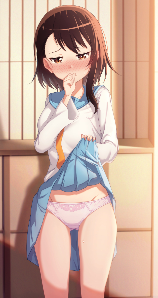1girl blue_sailor_collar blue_skirt blush breasts brown_eyes brown_hair clothes_lift commentary_request commission covering_mouth embarrassed feet_out_of_frame groin highres indoors kamuchin_soda large_breasts lifted_by_self long_sleeves looking_down medium_hair miniskirt necktie nisekoi nose_blush onodera_kosaki orange_necktie paid_reward_available panties pink_panties pleated_skirt sailor_collar sailor_shirt school_uniform serafuku shirt skeb_commission skirt skirt_lift solo standing sweatdrop tearing_up tears underwear white_shirt