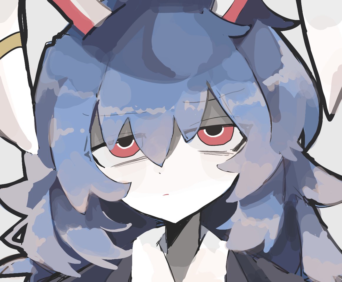 1girl :| animal_ears blue_hair close-up closed_mouth collared_shirt earclip frown inm_6904 koishi_komeiji's_heart-throbbing_adventure long_hair moon_rabbit pale_skin rabbit_ears red_eyes seiran_(touhou) shirt simple_background sketch solo suit touhou