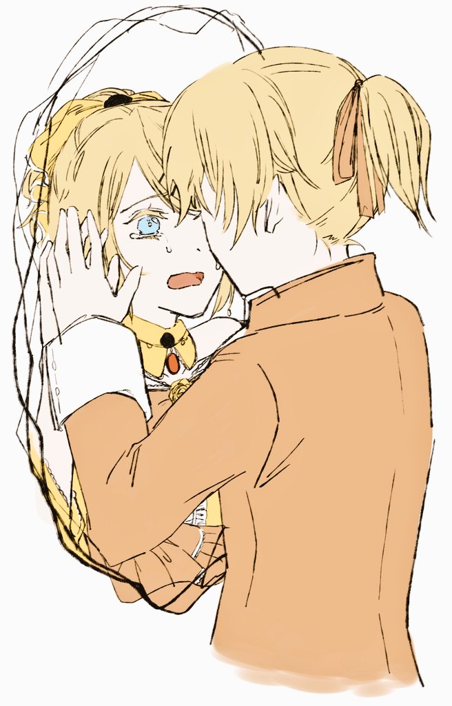1boy 1girl aku_no_meshitsukai_(vocaloid) allen_avadonia bare_shoulders blonde_hair bow brooch brother_and_sister choker collared_jacket colored_eyelashes crying crying_with_eyes_open detached_collar different_reflection dress dress_bow evillious_nendaiki eye_contact face-to-face hair_bow high_ponytail interlocked_fingers jacket jewelry kagamine_len kagamine_rin looking_at_another mizuki73080853 off-shoulder_dress off_shoulder open_mouth orange_bow orange_jacket orange_ribbon reflection ribbon riliane_lucifen_d'autriche sad short_ponytail siblings swept_bangs tearing_up tears twins updo vocaloid wavy_mouth yellow_bow yellow_choker yellow_dress