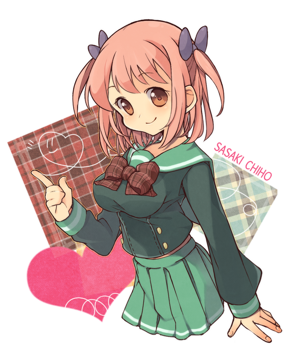 blush bow breasts brown_hair character_name closed_mouth cropped_torso green_sailor_collar green_shirt green_skirt hair_ribbon hataraku_maou-sama! index_finger_raised large_breasts long_sleeves looking_at_viewer lr. midriff_peek pink_hair plaid plaid_bow pleated_skirt purple_ribbon ribbon sailor_collar sasaki_chiho school_uniform shirt short_hair skirt smile two_side_up