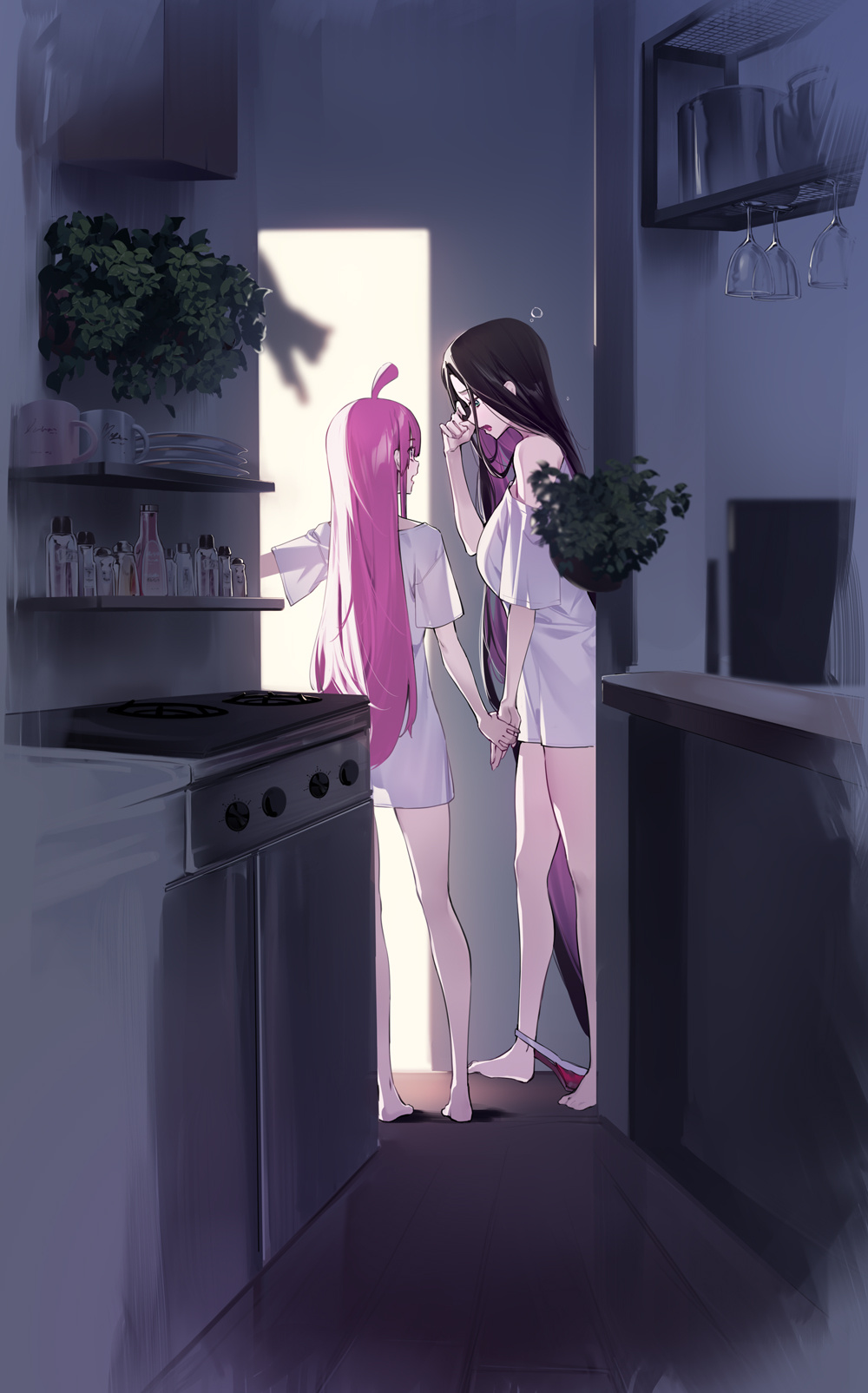 2girls ahoge bare_legs barefoot blue_eyes breasts brown_hair colored_inner_hair highres holding_hands indoors kitchen long_hair looking_at_another multicolored_hair multiple_girls open_mouth original oven panties panties_around_ankles panty_pull pink_hair plant potted_plant shirt short_sleeves sleepy underwear very_long_hair white_shirt yaguo