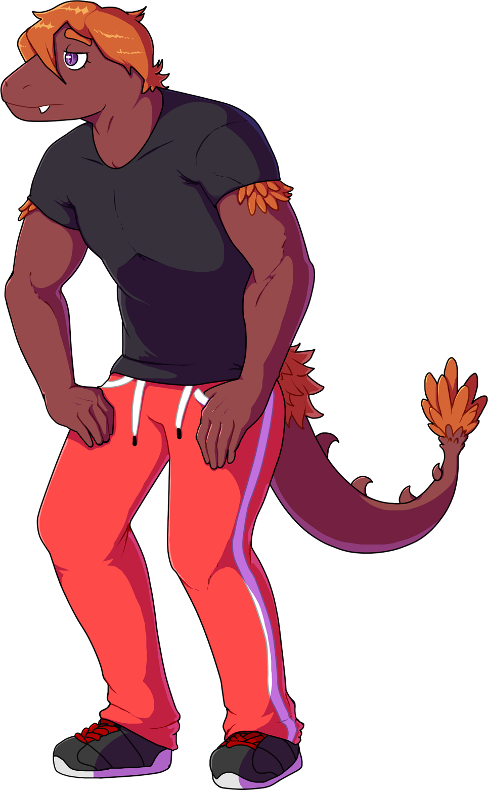 5_fingers adam_(gvh) alpha_channel anthro bottomwear clothing dinosaur dromaeosaurid feathers fingers footwear goodbye_volcano_high hair hi_res lidded_eyes long_tail male orange_body orange_feathers orange_hair pants plantigrade purple_eyes red_body reptile scalie shirt shoes simple_background sneakers snoot_game solo standing tail tail_feathers teeth theropod topwear track_pants transparent_background unknown_artist